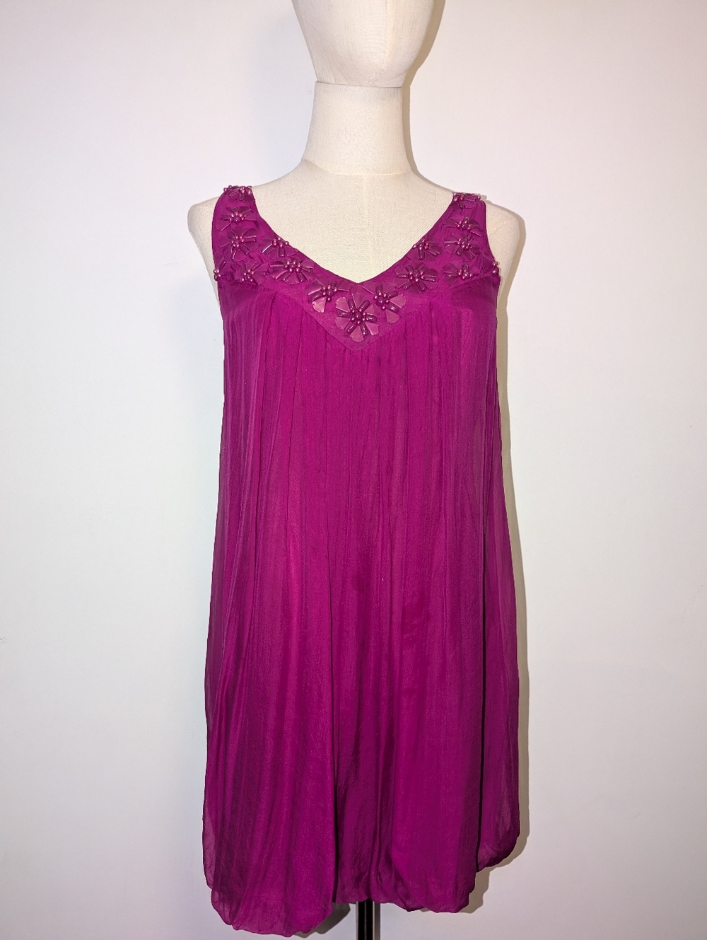 Embellished Silk V-Neck Fuchsia Sleeveless Dress